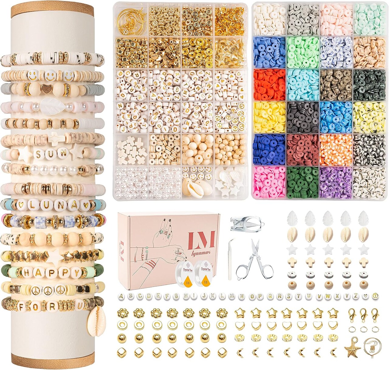 Clay Beads Bracelet Making Kit – 8,000pcs in 24 Colors with Charms & Alphabet Beads | Polymer Clay Heishi Disc Beads DIY Jewelry Set for Girls | Gift-Ready